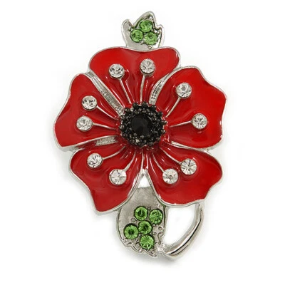 Broche de amapola de cristal transparente/verde esmaltado rojo brillante en metal tono plata - 50 mm Foto 1 de 4