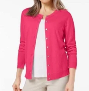 Karen Scott Long Sleeve Solid Crewneck Cardigan Bright Pink SZ PXL - Picture 1 of 4
