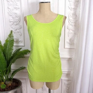 BEREK Glittery Sparkle Stretch Neon Green Yellow Ruched Side Tank Top Shirt S - Picture 1 of 2