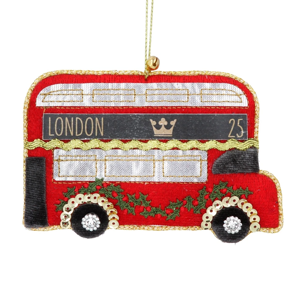 Gisela Graham Luxurious Fabric London Bus Christmas Tree Decoration with Twine - Image 1 of 1