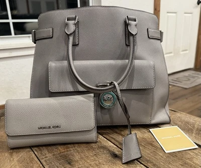 Michael Kors Saffiano Leather Emma Large Tote Satchel Bag Pearl Gray & Wallet - Image 1 of 4