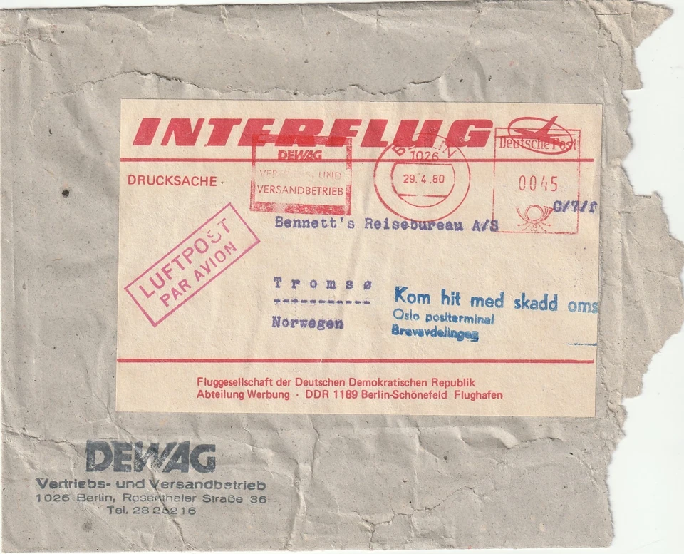 NORUEGA/RDA: material impreso de correo de choque, dañado envío cancelación Oslo 1980. Foto 1 de 1
