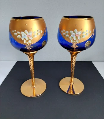 Italian Murano Tre Fuochi Hock Wine Glasses Set of 2 Venetian Art 24 kt Accents - Image 1 of 4