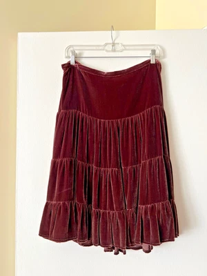 BCBGMax Azria Falda Campesina de Terciopelo en Niveles Cejas Talla 12 Marrón Rayón Seda Boho Años 90 Foto 1 de 4