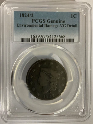 Cabezal de corona 1824/2 1C BN PCGS genuino en muy buen estado detalles 54125668 Foto 1 de 2