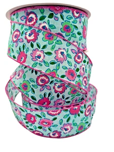 Cinta de flores de lino azul flor blanca rosa brillante 2,5" borde de alambre primavera verano - Imagen 1 de 2