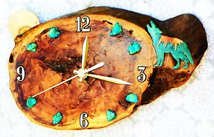Wolf with Moon and Turquoise Stones Cabin Style 10" x 6.5" x 1.5" Rustic Clock - Picture 1 of 4