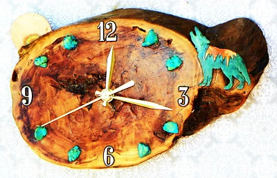 Wolf with Moon and Turquoise Stones  Cabin Style 10" x 6.5" x 1.5"  Rustic Clock - Image 1 of 4