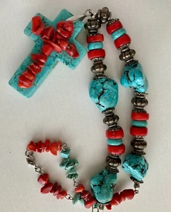 Blue Howlite Red Coral Chunky Bead LARGE Cross Western Necklace BEAUTIFUL 99.5g - Picture 1 of 24