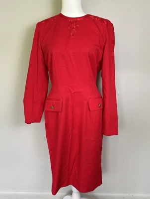 Vintage 80s Classic by Leslie Fay Red Long Sleeve Embroidered Sheath Dress-Sz 10 - Image 1 of 4