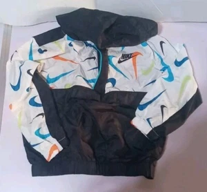 Nike Boys' Black & Multi Color Swoosh Logo Hooded Windbreaker Pullover Jacket - Picture 1 of 3