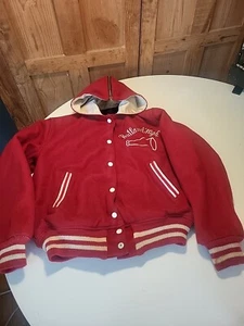 CHAQUETA UNIVERSITARIA de lana vintage años 80 capucha dividida a presión S/M MUJER LETTERMAN ROJO - Imagen 1 de 8