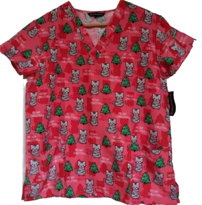WEAR FOR CARE WOMEN'S MEDIUM MEOWY CHRISTMAS BUTTERY SOFT SCRUB TOP NEW - Picture 1 of 2