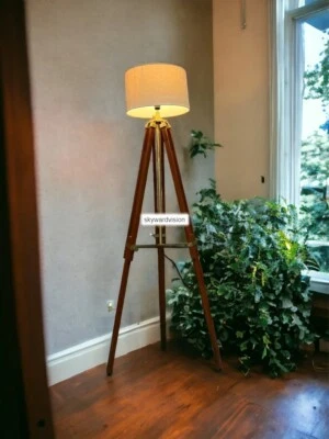 Tripod Floor Polished Brass Antique Gold Lamp Standing Wood Brown Adjustable for - Image 1 of 4