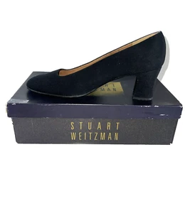 Stuart Weitzman klassische schwarze Krepp-Pumps Größe 8,5 eckige Zehenpartie Blockabsatz gebraucht, in einwandfreiem Zustand - Bild 1 von 8