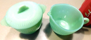 Vintage Fire-King Oven Ware Glass Jadeite Jane Ray Cream + Sugar Set with Lid - Picture 1 of 13