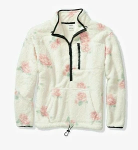 Victoria’s Secret Pink Teddy Half Zip Pullover Kokosweiß Rosa Blumen - Bild 1 von 4