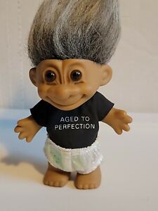 Vintage Russ Troll Doll  "Aged To Perfection"  Grey Hair - Black Shirt