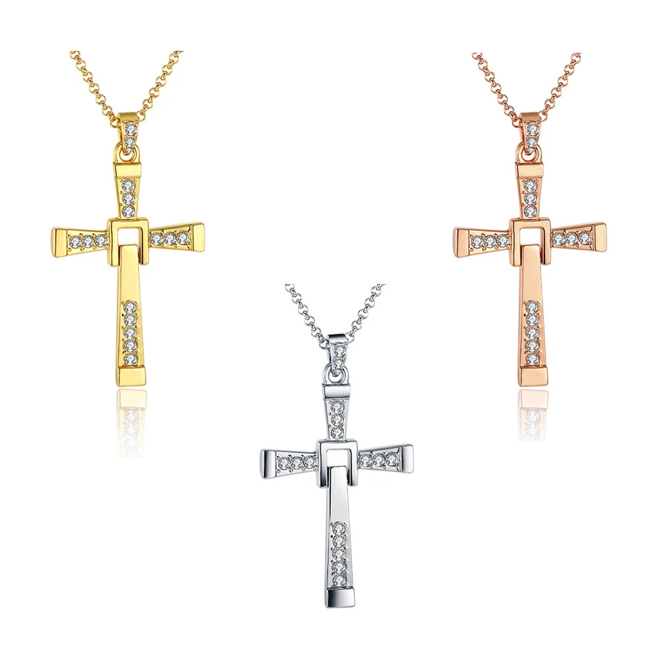 Rose Gold Platinum Plated Necklace Pendant Cross Zirconia 28 Inches 1.5MM B88 - Image 1 of 1