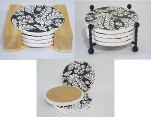 5-pc DAMASK Black White Stoneware COASTER SET w/Choice of HOLDER *Metal or Wood - Picture 1 of 6