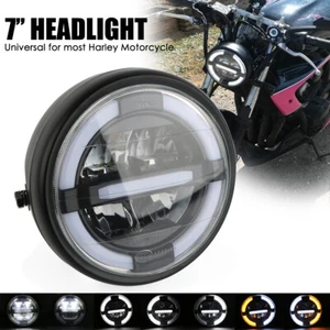 Motorcycle 7'' LED Headlight Round DRL Angel Eyes Hi-Lo Beam For Harley Choppers - Picture 1 of 13
