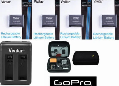4 Pcs Battery AHDBT-401 for GoPro HERO4  Silver + Dual Charger  + HARD CASE NEW - Image 1 of 4