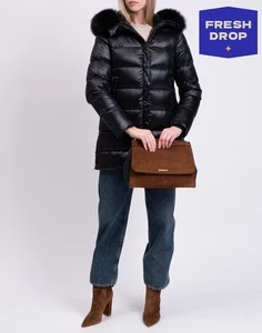 RRP€649 PEOPLE OF SHIBUYA Down Jacket IT44 US8 UK12 L Quilted Fox Fur Trim Logo - Picture 1 of 8