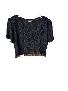Vintage SHAIR ADE Mujer Top Transparente Encaje Negro Metálico 14 Flecos Manga Corta HQ - Imagen 1 de 4