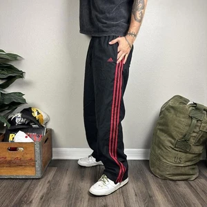 Y2K 2000s retro striped adidas track pants black red striped wide baggy Large - Picture 1 of 8