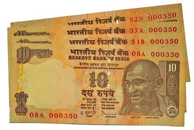 2011 - 10 RUPEE INDIA REPUBLIC SAME NUMBER 000350 - 4 UNC NOTES LOT - Image 1 of 2