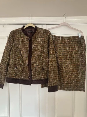 Nuevo con etiquetas Traje Blazer y Falda Talbots 2 Piezas Terciopelo Borde Marrón Tweed Talla 12p Foto 1 de 4