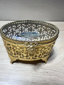 Vintage 1950s Hollywood Regency Ormolu Jewelry Casket Beveled Glass Filigree Box - Picture 1 of 11