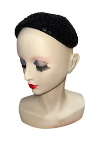 Neiman Marcus Vintage Exquisite Juliette Cap Black Beaded Hat 1950s Velvet - Picture 1 of 7