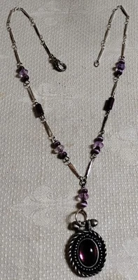 Collar Robert Rose ST Metal Púrpura Vidrio Cuentas Rosa Cabujón Colgante Ovalado 16" Foto 1 de 4