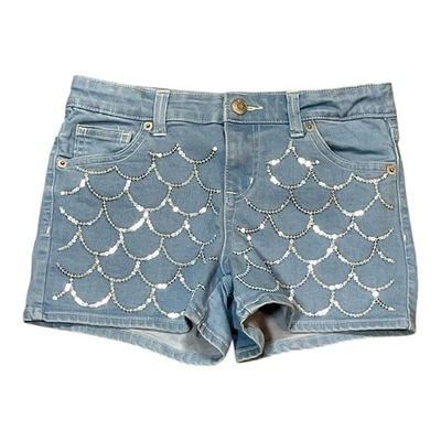 Cat & Jack Girls Denim Jean Shorts Size L 10/12 Mermaid Sequin Embellishment - Image 1 of 3