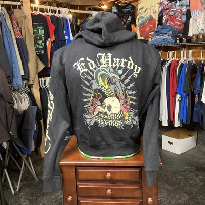 Ed Hardy Negro Calavera Serpiente Mujer’s Sudadera con Capucha Talla Grande Cremallera Foto 1 de 4