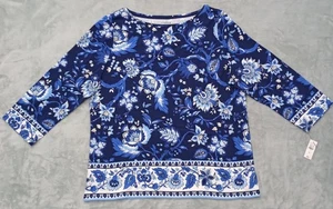 Camiseta Talbots Para Mujer Talla XL Azul Floral Estampado Boho Elastizada Nueva Con Etiquetas - Imagen 1 de 6