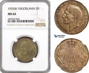 AH367, Yugoslavia, Alexander I, 2 Dinara 1925 B, Brussels Mint, NGC MS64 - Picture 1 of 1