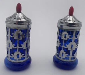 Vintage Japan Art Deco Cobalt Glass Silver cover Salt And Pepper Shakers - Picture 1 of 4