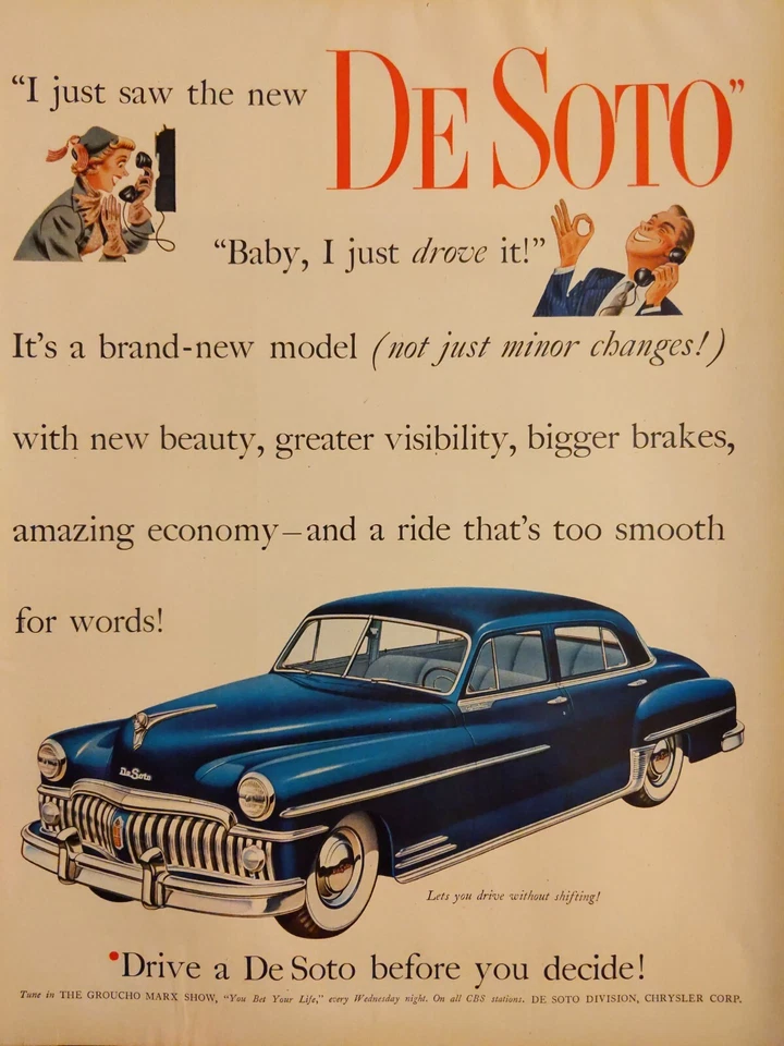 Anuncio impreso de automóvil azul DeSoto 1950 vintage, posguerra mundial Foto 1 de 1