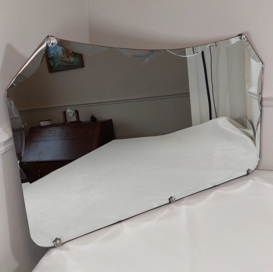Art Deco Frameless Wall Mirror Scalloped Bevel Silver Tone Brackets 69cm Vtg - Image 1 of 4