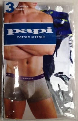 NUEVO EN PAQUETE PAPI HOMBRES ALGODÓN ELÁSTICO 1 GRIS 1 AZUL MARINO 1 ESTAMPADO BAÚL ROPA INTERIOR S 28-30 $36 Foto 1 de 2
