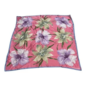 Jones New York Hibiscus Lily Green Purple Flower Print Pink Square Scarf 21” VTG - Picture 1 of 5