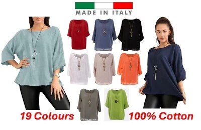 Ladies Womens Italian Top Shirt Blouse Lagenlook Cotton Tunic 3/4 Sleeve NEW - Image 1 of 4