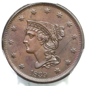 1839 N-8 R-1 PCGS UNC Details Head of 1840 Braided Hair Large Cent Coin 1c - Picture 1 of 3