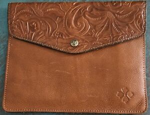 Patricia Nash Brown Gold Tooled Leather Clutch Ipad Mini Envelope Purse 