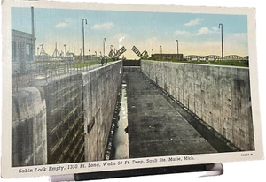 Sabin Lock Empty Vintage Postcard Sault Site Marie MI boats ships - Picture 1 of 6