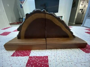 Vintage 1985 Signed Tree Trunk Slices Bookends with Live Edge Bark Boho Decor - Picture 1 of 5