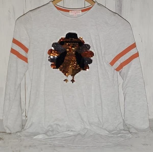 Camisa Poof Niña Lentejuelas Jaspeadas Acción de Gracias Pavo Naranja XL 12-14 *W25 - Imagen 1 de 5