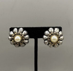 Vintage Silber Gold Ton Floral Faux Perle Clip On Statement Ohrringe - Bild 1 von 3